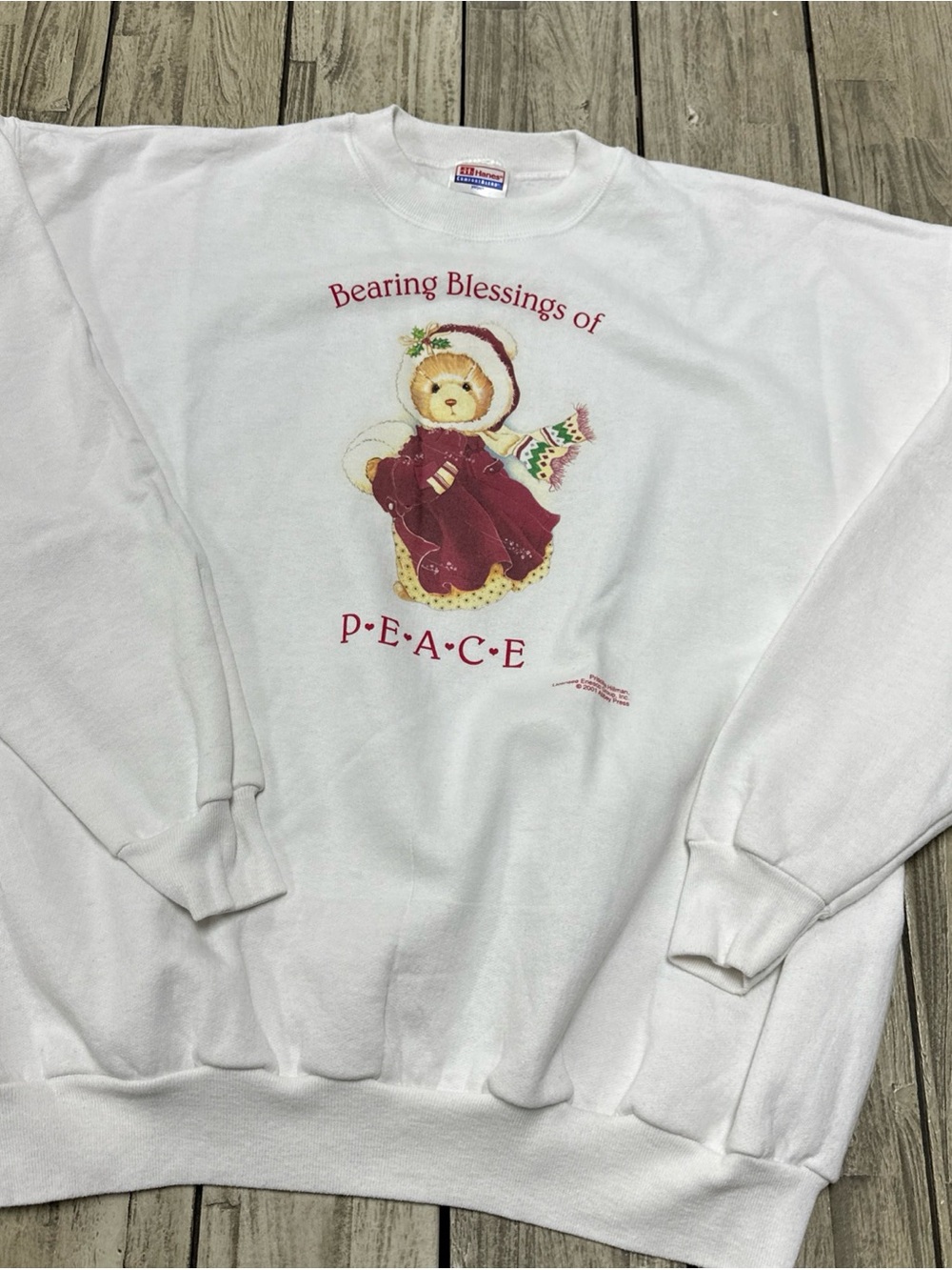Vintage Y2k 2001 Winter Bear Abbey Press white crewneck Fall Peace Cozy Boxy XL